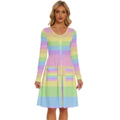 Cute Pastel Rainbow Striped Pattern Long Sleeve Dress With Pocket