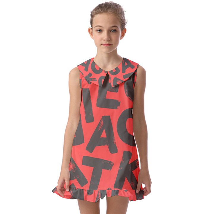 Letters Alphabet Typography Texture Kids  Pilgrim Collar Ruffle Hem Dress