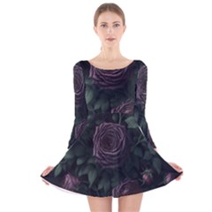 Rose Flower Plant Long Sleeve Velvet Skater Dress