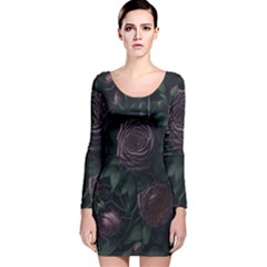 Rose Flower Plant Long Sleeve Velvet Bodycon Dress