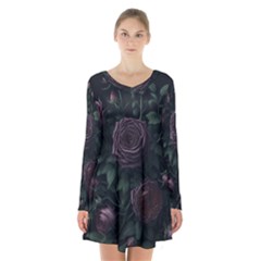 Rose Flower Plant Long Sleeve Velvet V-neck Dress