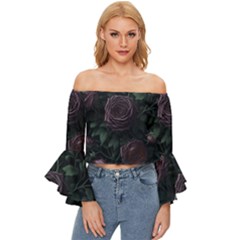 Rose Flower Plant Off Shoulder Flutter Bell Sleeve Top