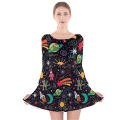 Space Seamless Pattern Long Sleeve Velvet Skater Dress