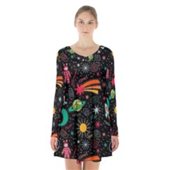 Space Seamless Pattern Long Sleeve Velvet V-neck Dress