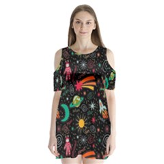 Space Seamless Pattern Shoulder Cutout Velvet One Piece