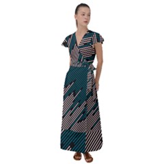 Abstract Diagonal Striped Lines Pattern Flutter Sleeve Maxi Dress