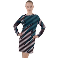 Abstract Diagonal Striped Lines Pattern Long Sleeve Hoodie Dress