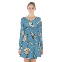 Space Objects Nursery Pattern Long Sleeve Velvet V-neck Dress