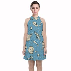 Space Objects Nursery Pattern Velvet Halter Neckline Dress 