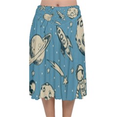 Space Objects Nursery Pattern Velvet Flared Midi Skirt