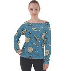 Space Objects Nursery Pattern Off Shoulder Long Sleeve Velour Top by pakminggu