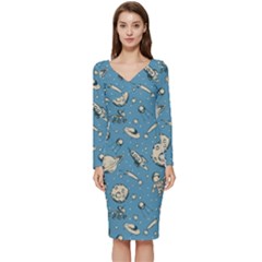 Space Objects Nursery Pattern Long Sleeve V-neck Bodycon Dress  by pakminggu