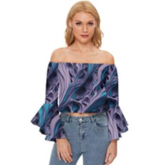 Abstract Trims Off Shoulder Flutter Bell Sleeve Top