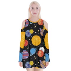 Circle Illustration Space Art Cute Pattern Velvet Long Sleeve Shoulder Cutout Dress