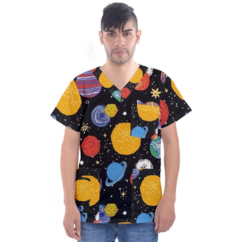 Circle Illustration Space Art Cute Pattern Men s V-neck Scrub Top by pakminggu