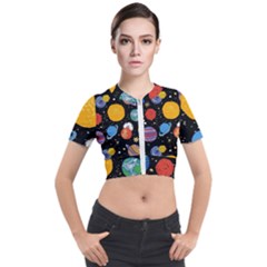 Circle Illustration Space Art Cute Pattern Short Sleeve Cropped Jacket by pakminggu