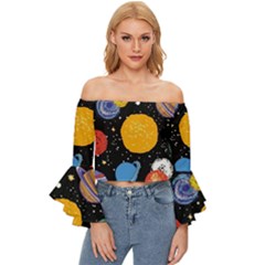 Circle Illustration Space Art Cute Pattern Off Shoulder Flutter Bell Sleeve Top