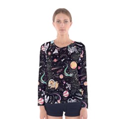 Cat And Dog Space Pattern Women s Long Sleeve T-shirt