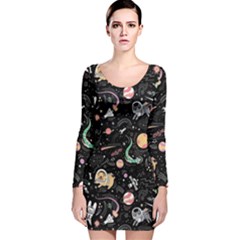 Cat And Dog Space Pattern Long Sleeve Velvet Bodycon Dress