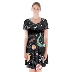 Cat And Dog Space Pattern Short Sleeve V-neck Flare Dress by pakminggu