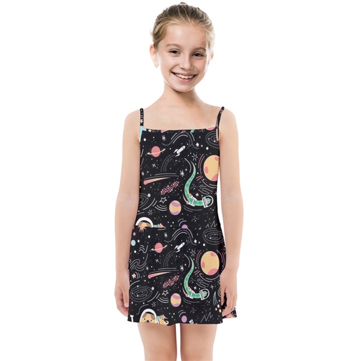 Cat And Dog Space Pattern Kids  Summer Sun Dress