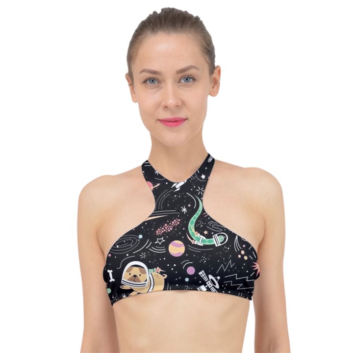 Cat And Dog Space Pattern High Neck Bikini Top