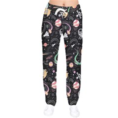 Cat And Dog Space Pattern Women Velvet Drawstring Pants