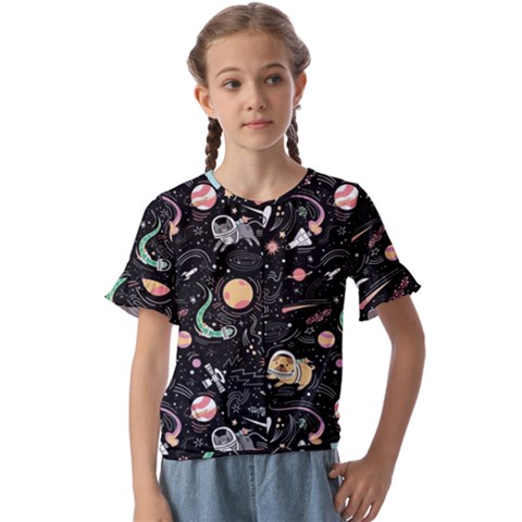 Cat And Dog Space Pattern Kids  Cuff Sleeve Scrunch Bottom T-shirt by pakminggu