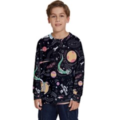 Cat And Dog Space Pattern Kids  Crewneck Sweatshirt