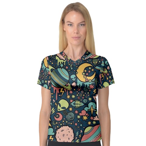 Alien Ocket Space Aesthetic Pattern V-neck Sport Mesh T-shirt by pakminggu