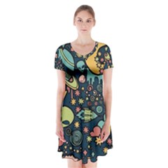 Alien Ocket Space Aesthetic Pattern Short Sleeve V-neck Flare Dress by pakminggu