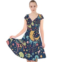 Alien Ocket Space Aesthetic Pattern Cap Sleeve Front Wrap Midi Dress by pakminggu