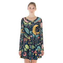 Alien Ocket Space Aesthetic Pattern Long Sleeve Velvet V-neck Dress