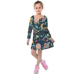 Alien Ocket Space Aesthetic Pattern Kids  Long Sleeve Velvet Dress