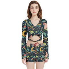 Alien Ocket Space Aesthetic Pattern Velvet Wrap Crop Top And Shorts Set by pakminggu