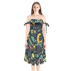 Alien Ocket Space Aesthetic Pattern Shoulder Tie Bardot Midi Dress by pakminggu