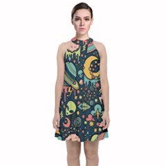 Alien Ocket Space Aesthetic Pattern Velvet Halter Neckline Dress 