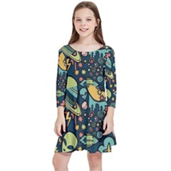 Alien Ocket Space Aesthetic Pattern Kids  Quarter Sleeve Skater Dress by pakminggu