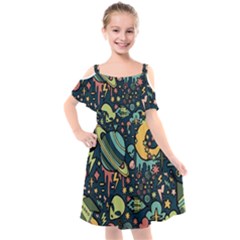 Alien Ocket Space Aesthetic Pattern Kids  Cut Out Shoulders Chiffon Dress by pakminggu