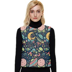 Alien Ocket Space Aesthetic Pattern Women s Button Up Puffer Vest