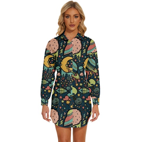 Alien Ocket Space Aesthetic Pattern Womens Long Sleeve Shirt Dress by pakminggu