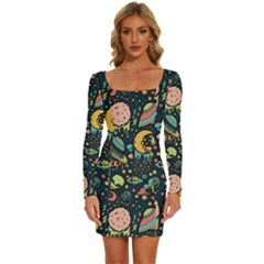 Alien Ocket Space Aesthetic Pattern Long Sleeve Square Neck Bodycon Velvet Dress by pakminggu