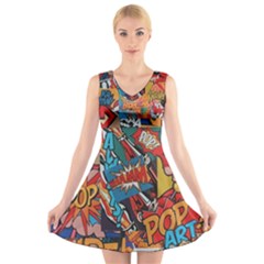 Comic Cartoon Pattern V-neck Sleeveless Dress by pakminggu