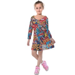 Comic Cartoon Pattern Kids  Long Sleeve Velvet Dress