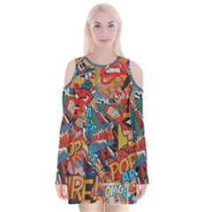 Comic Cartoon Pattern Velvet Long Sleeve Shoulder Cutout Dress