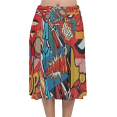 Comic Cartoon Pattern Velvet Flared Midi Skirt