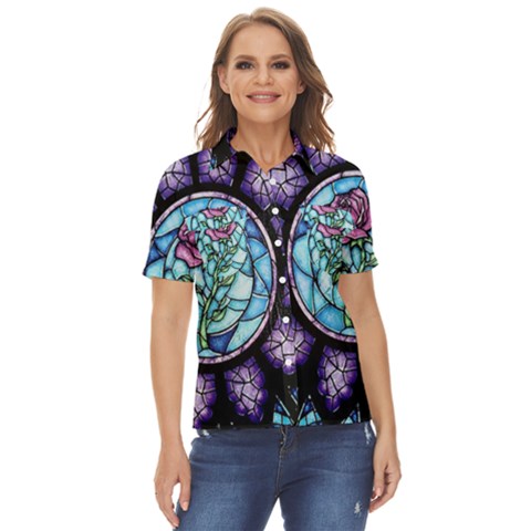 Cathedral Rosette Stained Glass Beauty And The Beast Women s Short Sleeve Double Pocket Shirt by Cowasu