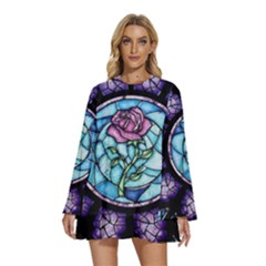 Cathedral Rosette Stained Glass Beauty And The Beast Round Neck Long Sleeve Bohemian Style Chiffon Mini Dress by Cowasu