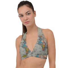 Vintage World Map Halter Plunge Bikini Top by Cowasu