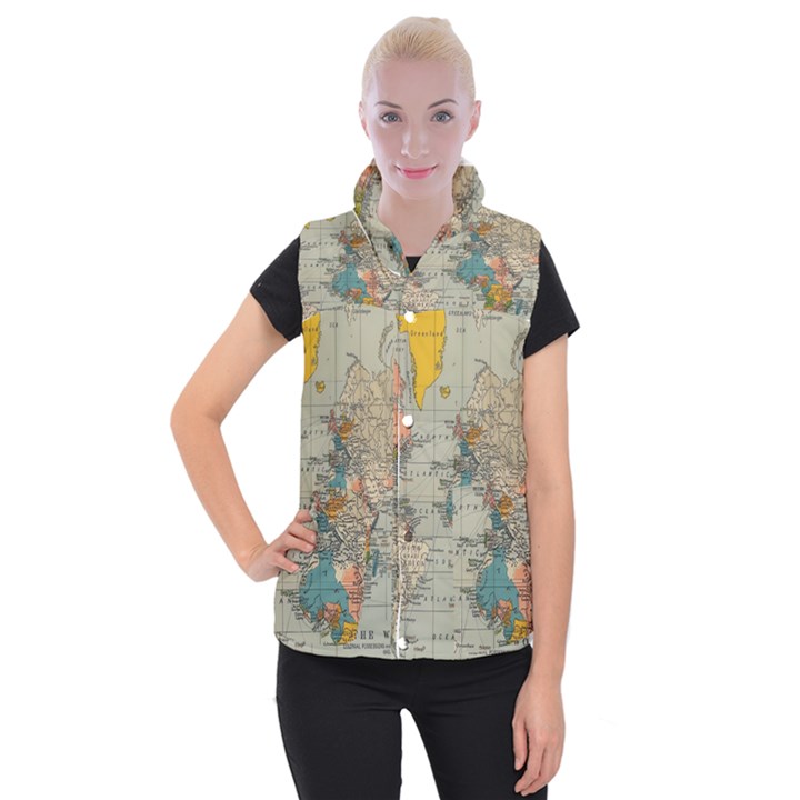 Vintage World Map Women s Button Up Vest